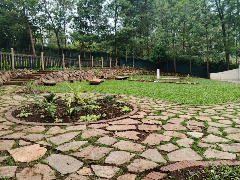 Crazy-paving circle around a planted bed in a forest clearing, Memorial Garden, Limuru